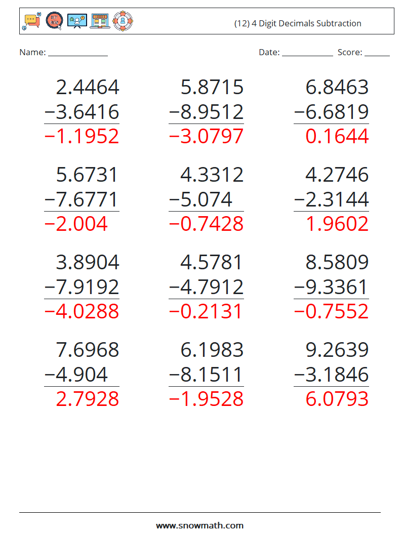 (12) 4 Digit Decimals Subtraction Math Worksheets 8 Question, Answer