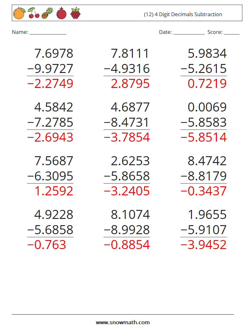 (12) 4 Digit Decimals Subtraction Math Worksheets 9 Question, Answer
