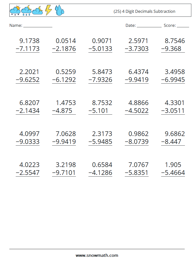 (25) 4 Digit Decimals Subtraction