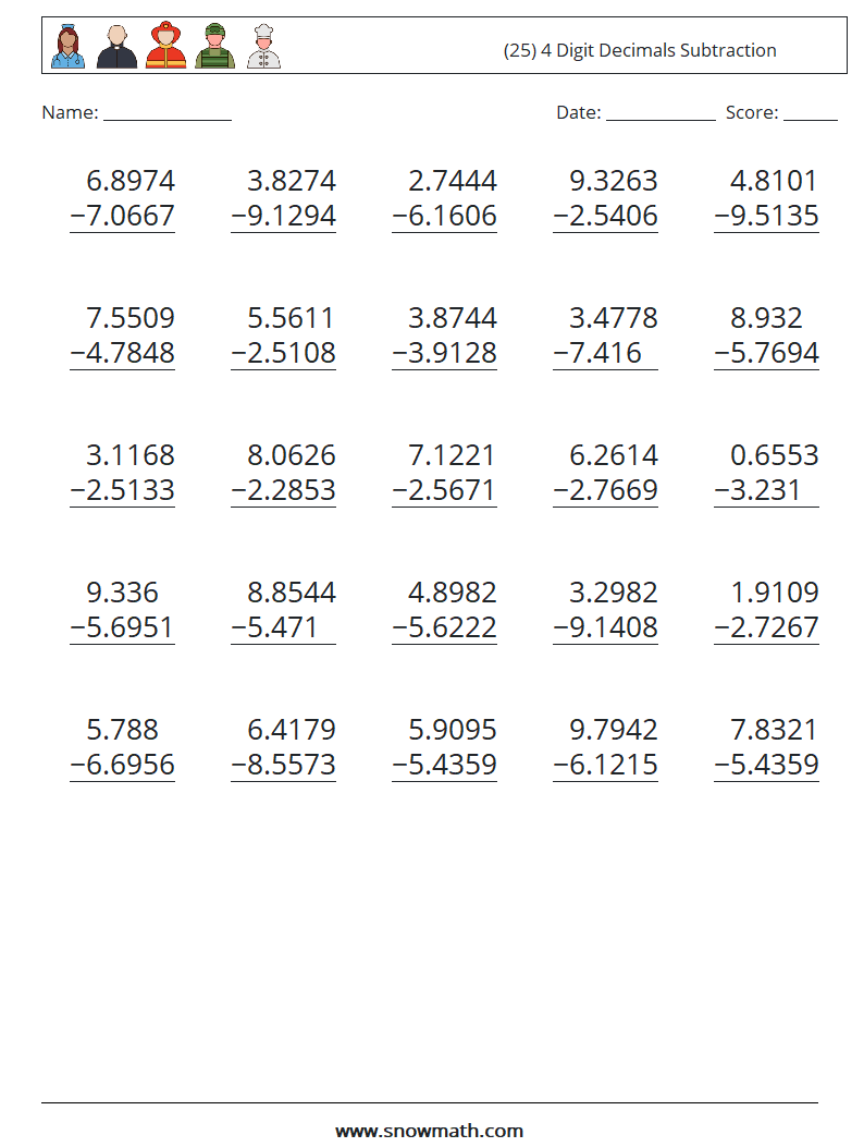 (25) 4 Digit Decimals Subtraction Math Worksheets 10