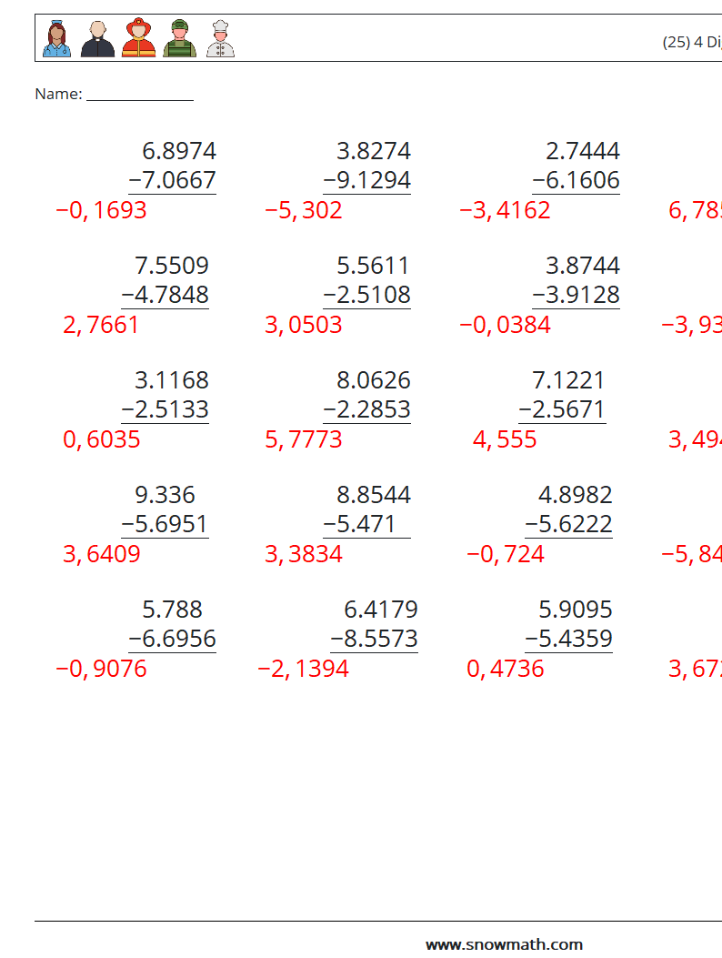 (25) 4 Digit Decimals Subtraction Math Worksheets 10 Question, Answer
