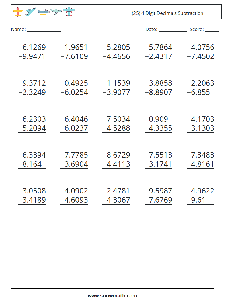 (25) 4 Digit Decimals Subtraction Math Worksheets 11