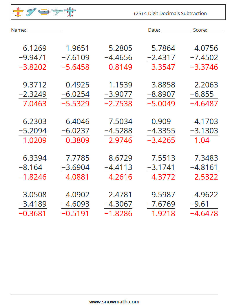 (25) 4 Digit Decimals Subtraction Math Worksheets 11 Question, Answer