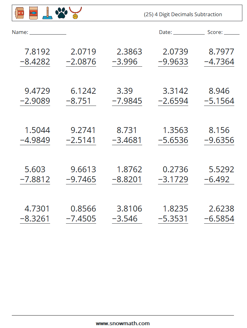(25) 4 Digit Decimals Subtraction Maths Worksheets 12