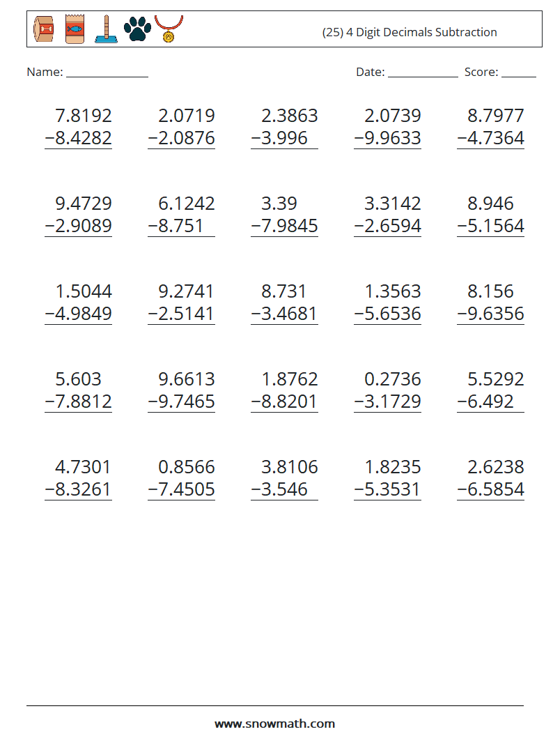 (25) 4 Digit Decimals Subtraction Math Worksheets 12