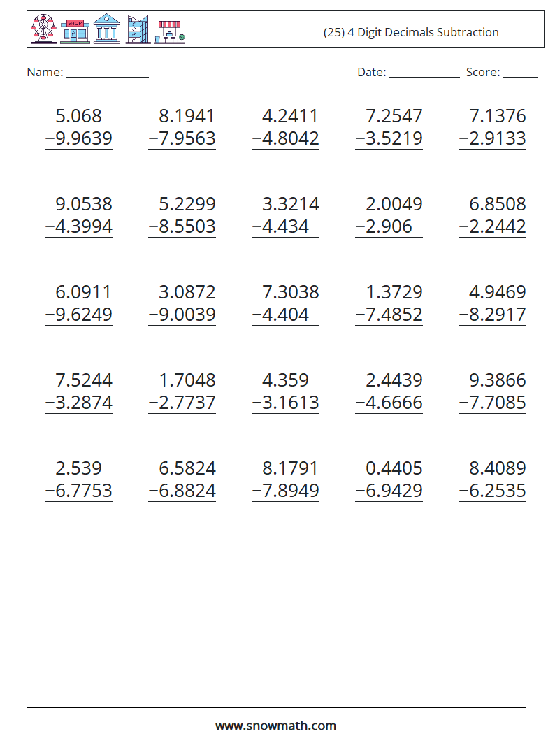 (25) 4 Digit Decimals Subtraction Maths Worksheets 13