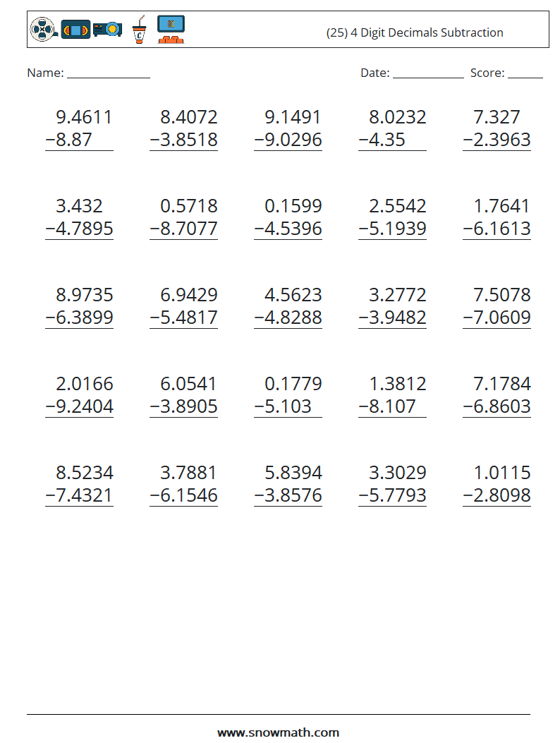 (25) 4 Digit Decimals Subtraction Maths Worksheets 14