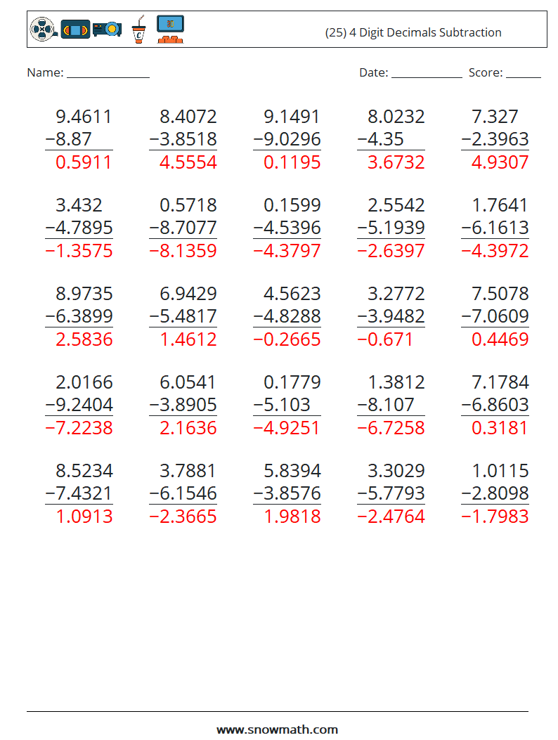 (25) 4 Digit Decimals Subtraction Math Worksheets 14 Question, Answer