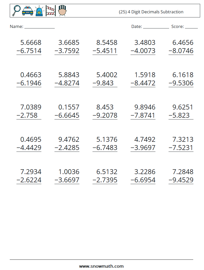 (25) 4 Digit Decimals Subtraction Math Worksheets 15