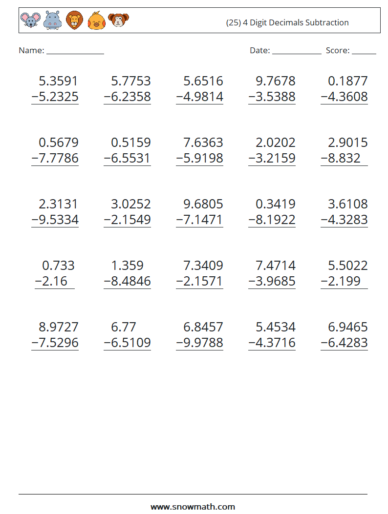 (25) 4 Digit Decimals Subtraction Math Worksheets 16