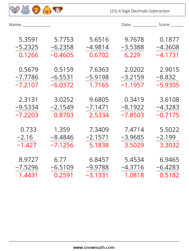 (25) 4 Digit Decimals Subtraction Math Worksheets 16 Question, Answer