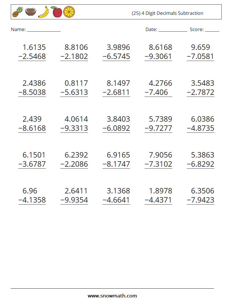 (25) 4 Digit Decimals Subtraction Math Worksheets 17