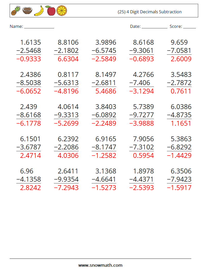 (25) 4 Digit Decimals Subtraction Math Worksheets 17 Question, Answer