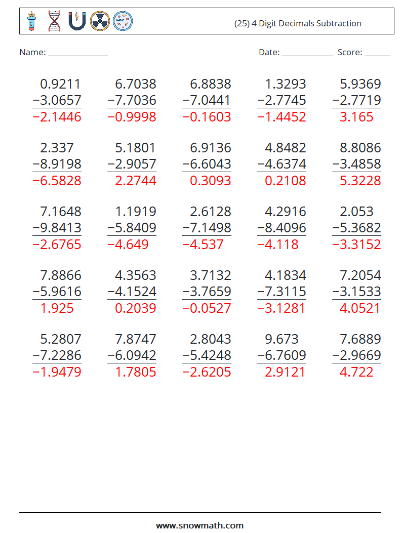 (25) 4 Digit Decimals Subtraction Math Worksheets 18 Question, Answer