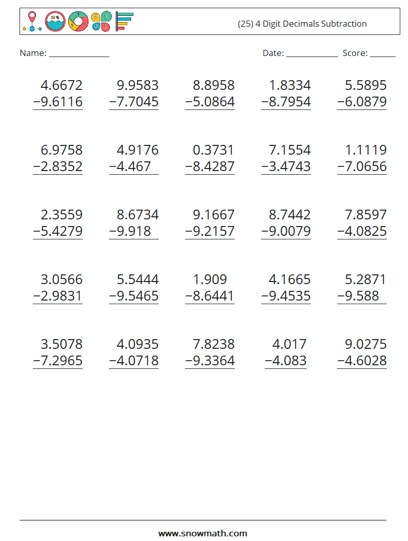 (25) 4 Digit Decimals Subtraction Math Worksheets 2