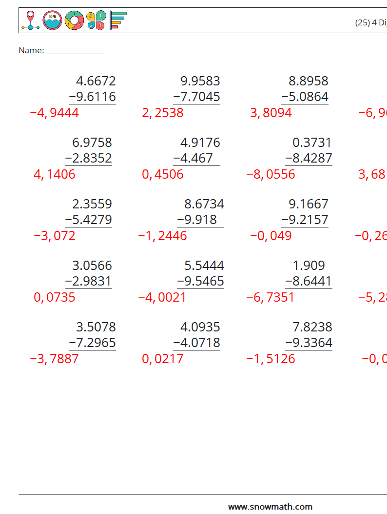 (25) 4 Digit Decimals Subtraction Math Worksheets 2 Question, Answer