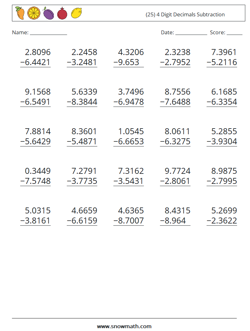 (25) 4 Digit Decimals Subtraction Math Worksheets 3