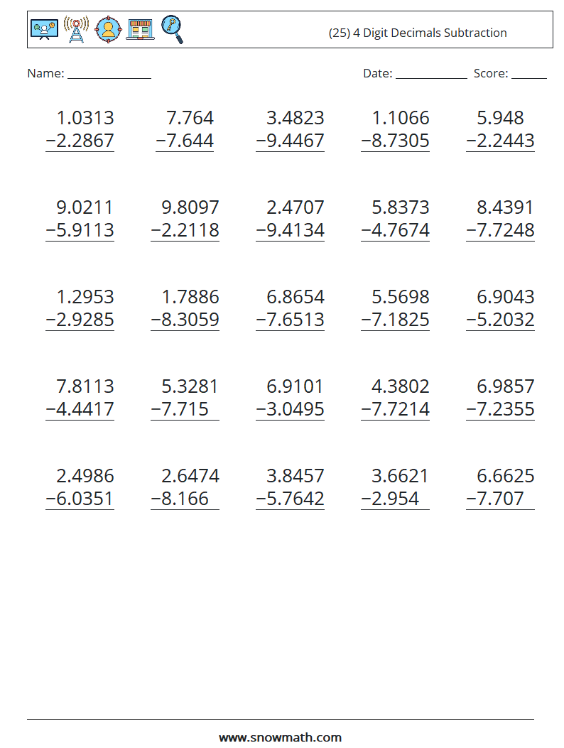 (25) 4 Digit Decimals Subtraction Math Worksheets 4