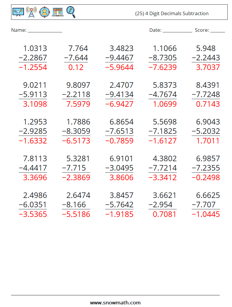 (25) 4 Digit Decimals Subtraction Math Worksheets 4 Question, Answer