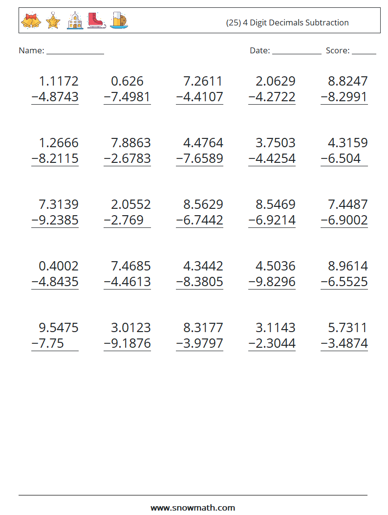 (25) 4 Digit Decimals Subtraction Maths Worksheets 5