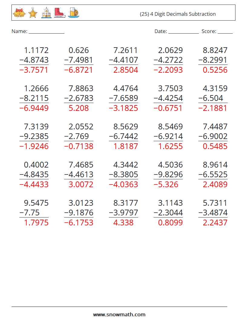 (25) 4 Digit Decimals Subtraction Math Worksheets 5 Question, Answer