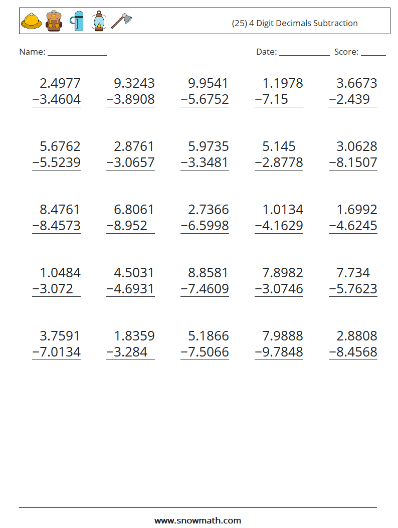 (25) 4 Digit Decimals Subtraction Maths Worksheets 6