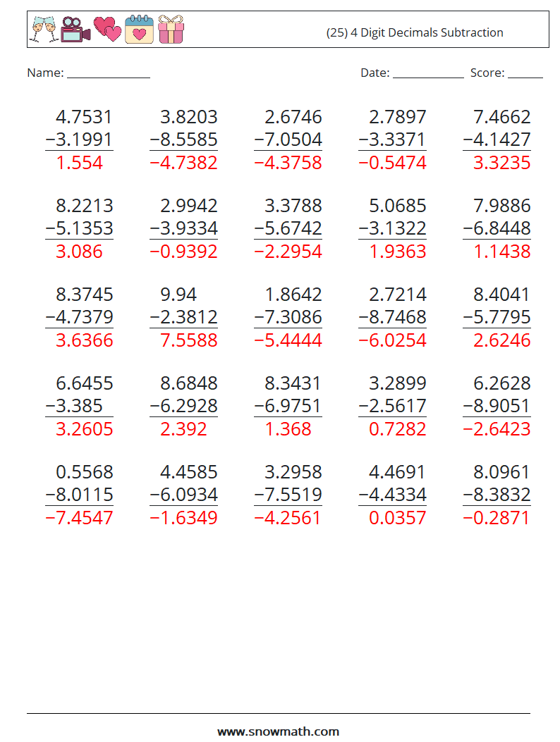 (25) 4 Digit Decimals Subtraction Math Worksheets 7 Question, Answer