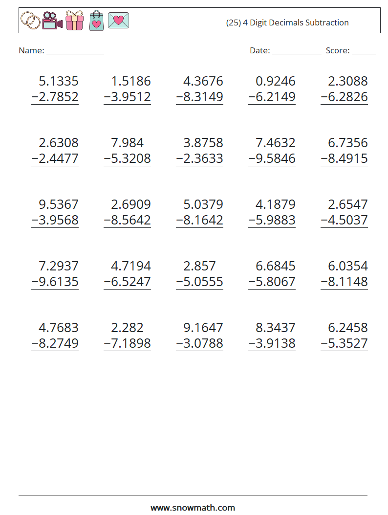 (25) 4 Digit Decimals Subtraction Maths Worksheets 8