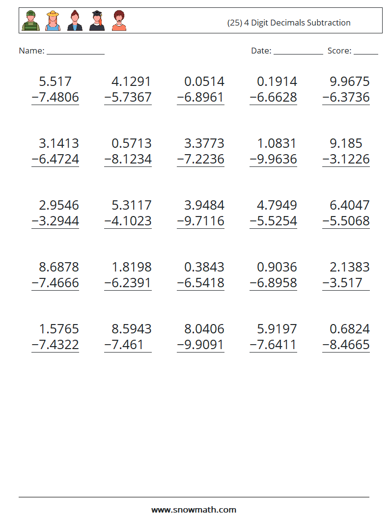 (25) 4 Digit Decimals Subtraction Math Worksheets 9
