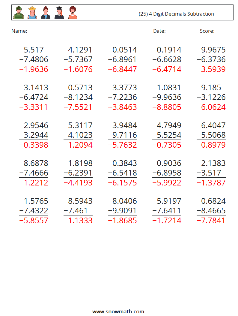 (25) 4 Digit Decimals Subtraction Math Worksheets 9 Question, Answer