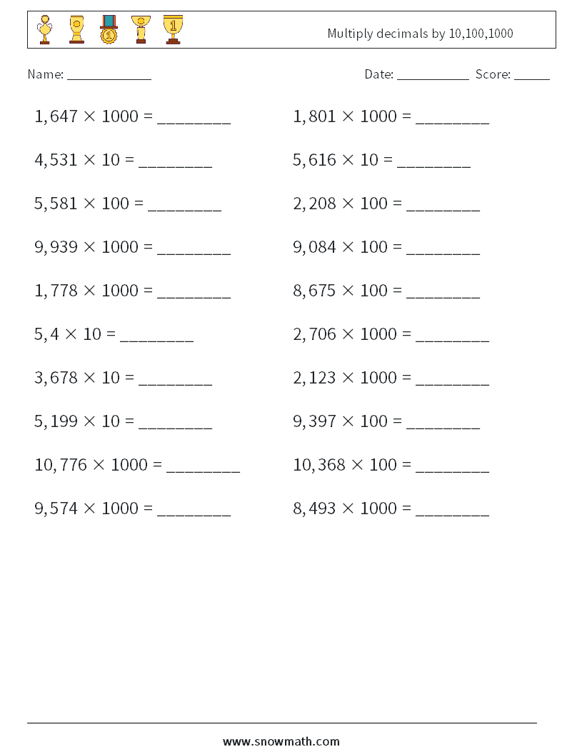 Multiply decimals by 10,100,1000 Math Worksheets 10