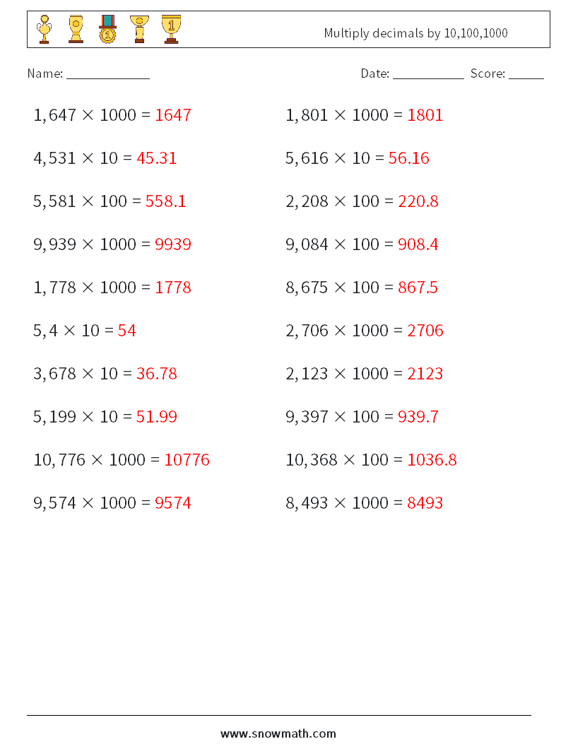 Multiply decimals by 10,100,1000 Math Worksheets 10 Question, Answer