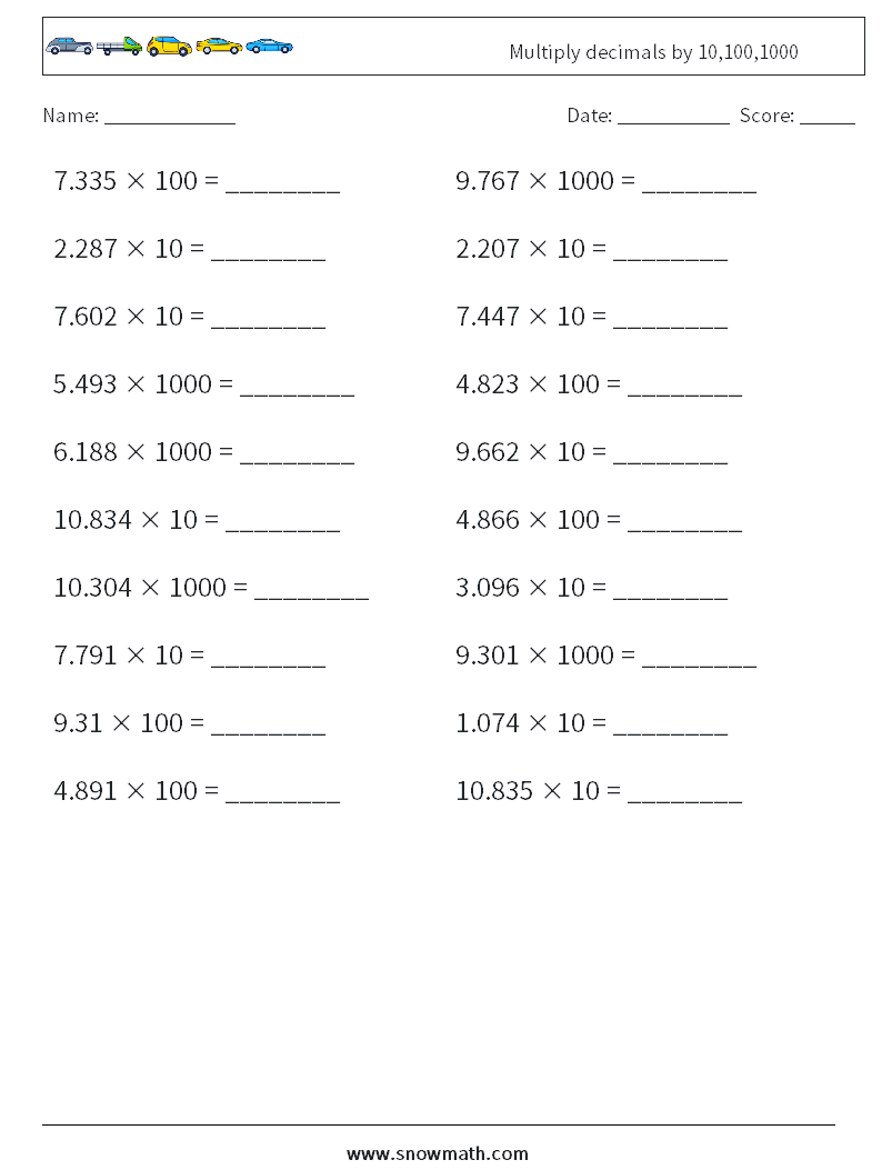 Multiply decimals by 10,100,1000 Maths Worksheets 11