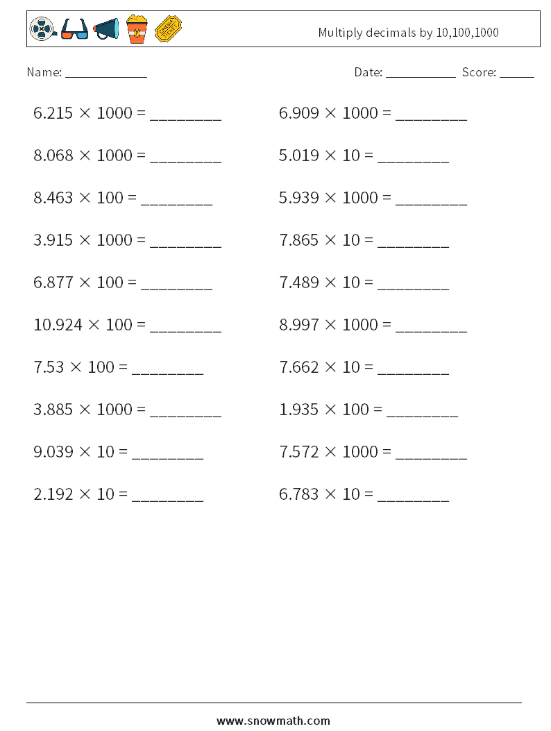 Multiply decimals by 10,100,1000 Math Worksheets 12