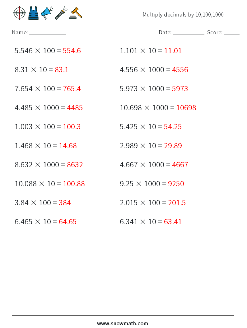 Multiply decimals by 10,100,1000 Math Worksheets 13 Question, Answer