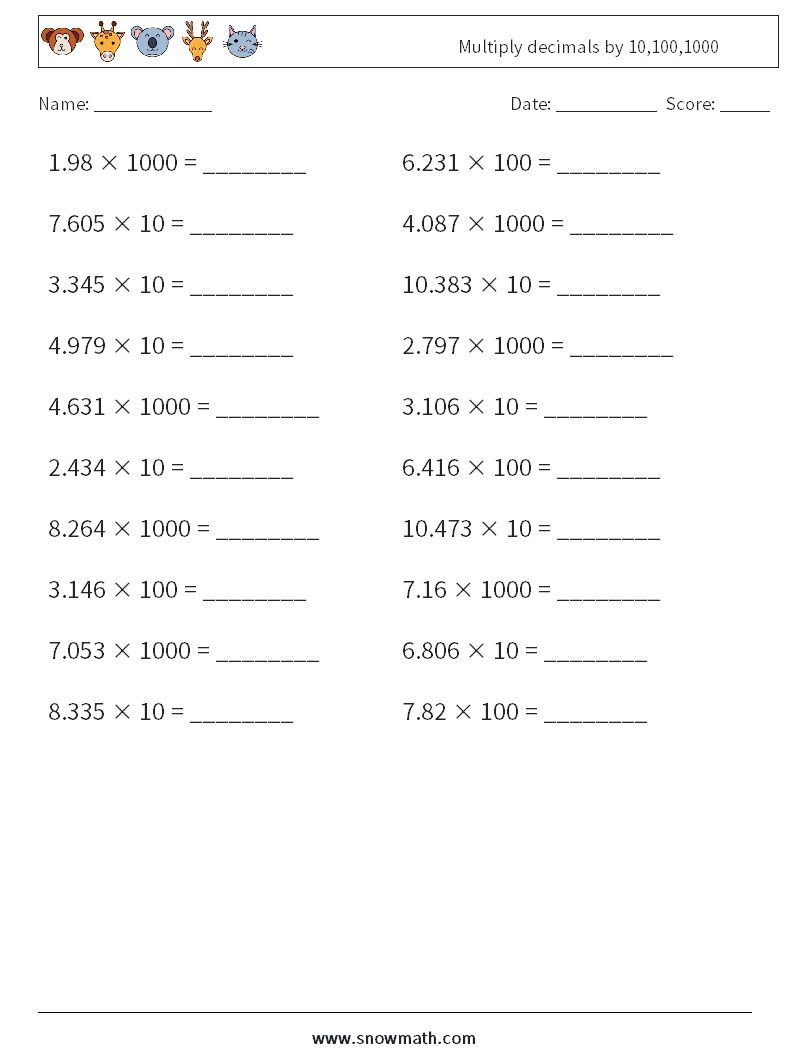 Multiply decimals by 10,100,1000 Maths Worksheets 14