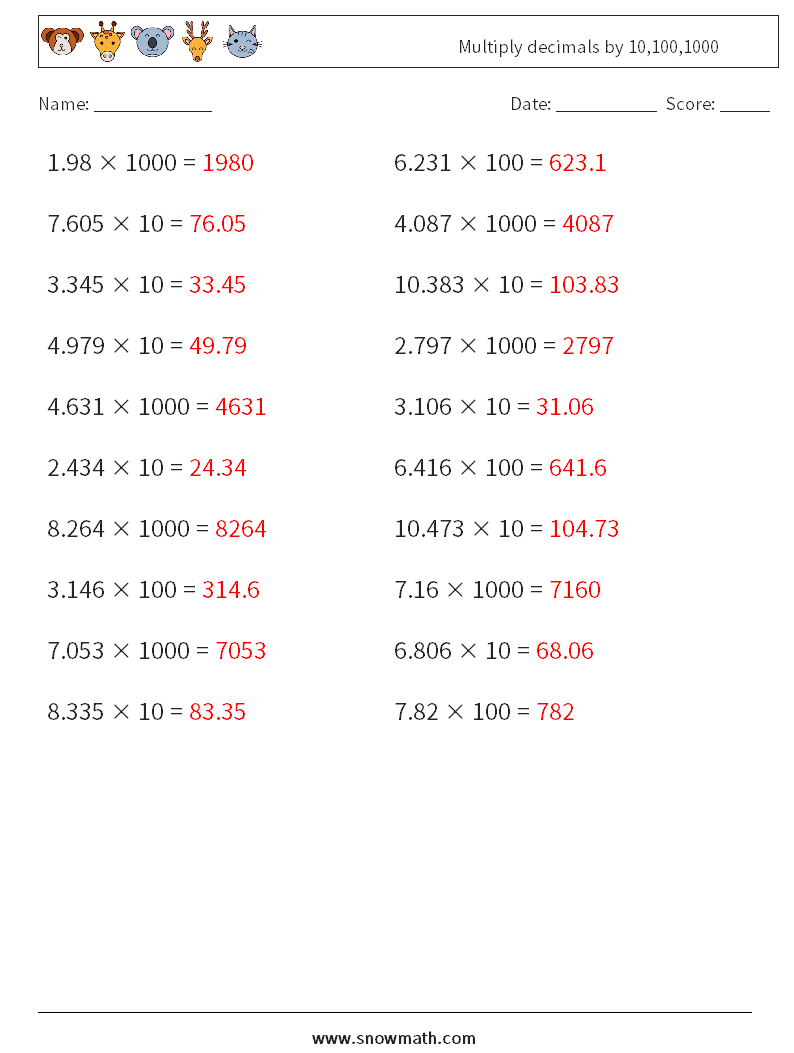 Multiply decimals by 10,100,1000 Math Worksheets 14 Question, Answer