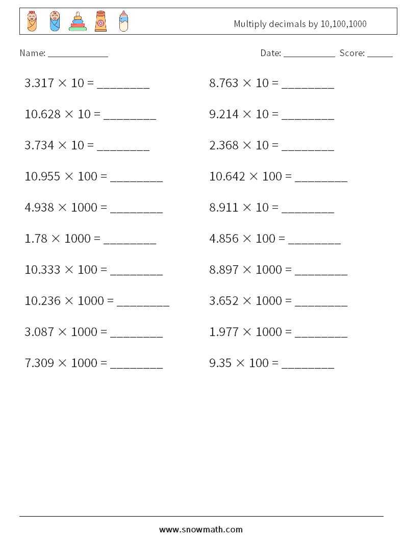 Multiply decimals by 10,100,1000 Math Worksheets 15