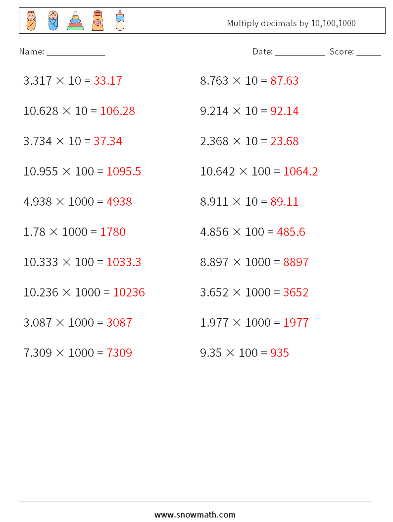 Multiply decimals by 10,100,1000 Math Worksheets 15 Question, Answer
