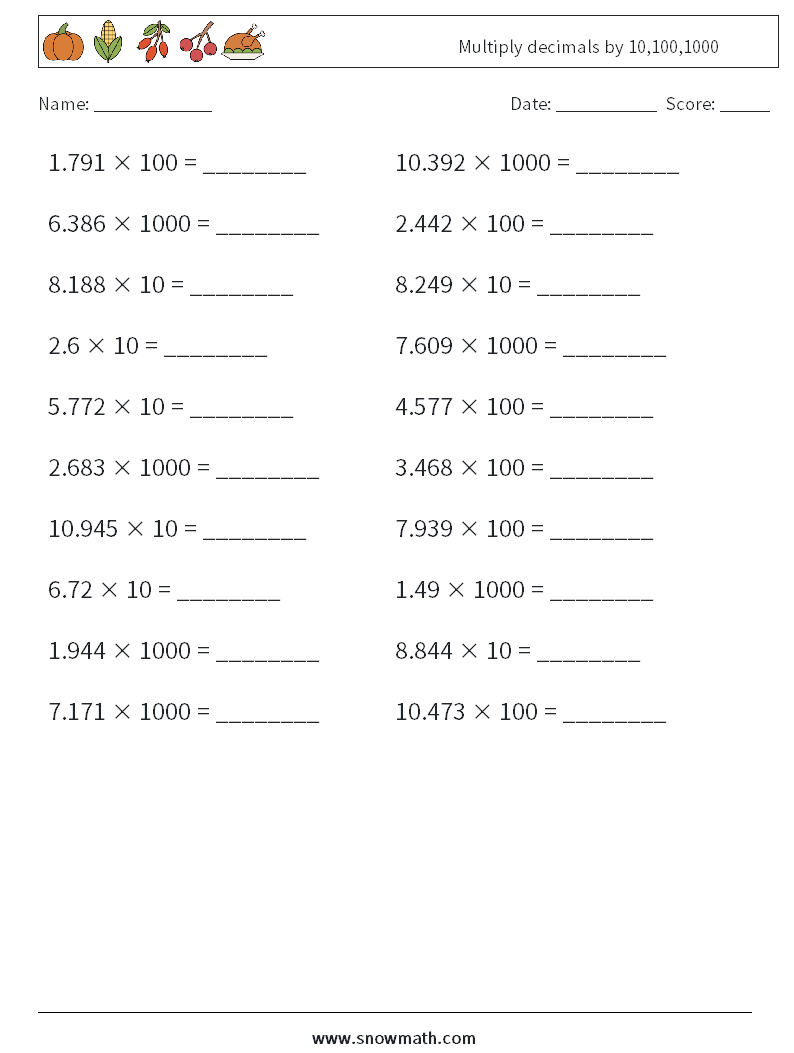 Multiply decimals by 10,100,1000 Maths Worksheets 16