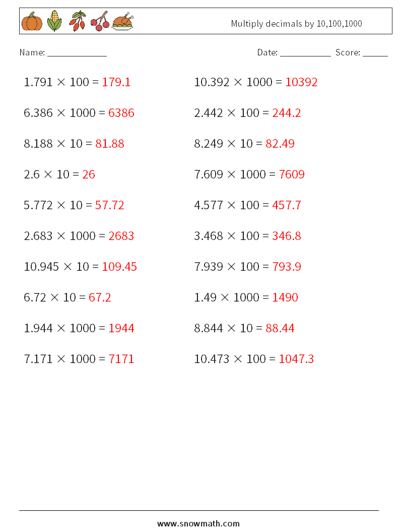 Multiply decimals by 10,100,1000 Math Worksheets 16 Question, Answer