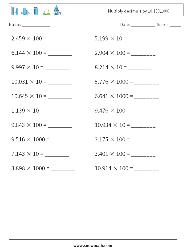 Multiply decimals by 10,100,1000 Math Worksheets 17