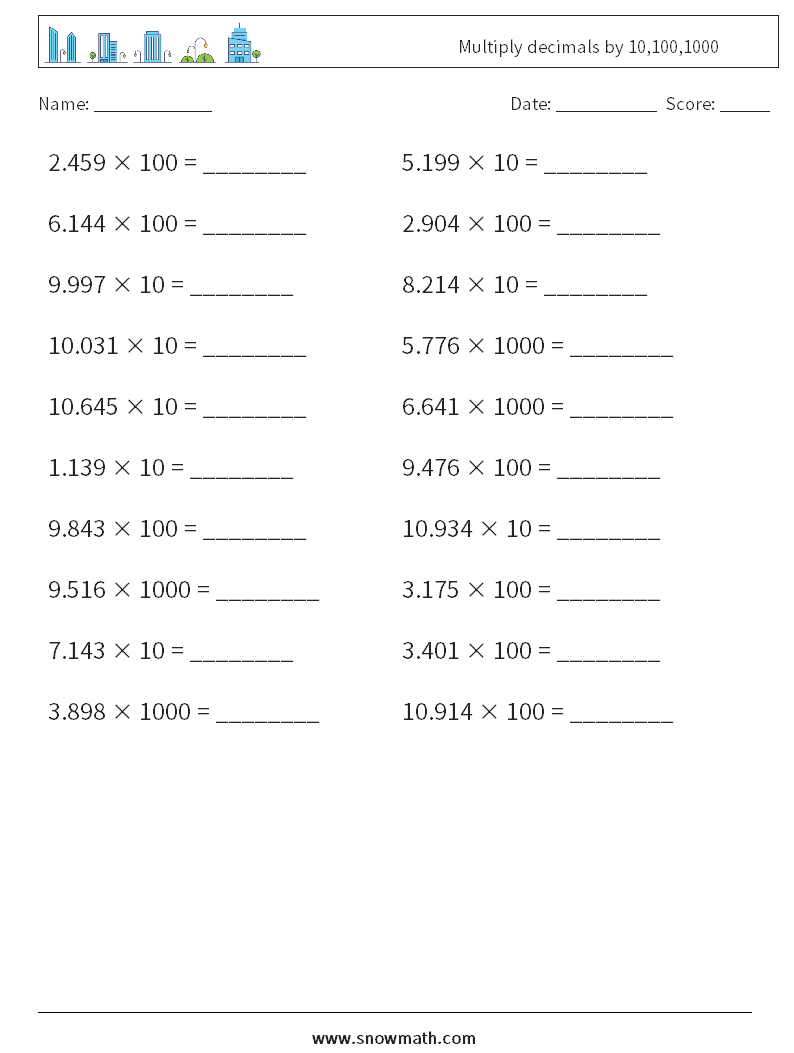 Multiply decimals by 10,100,1000 Maths Worksheets 17