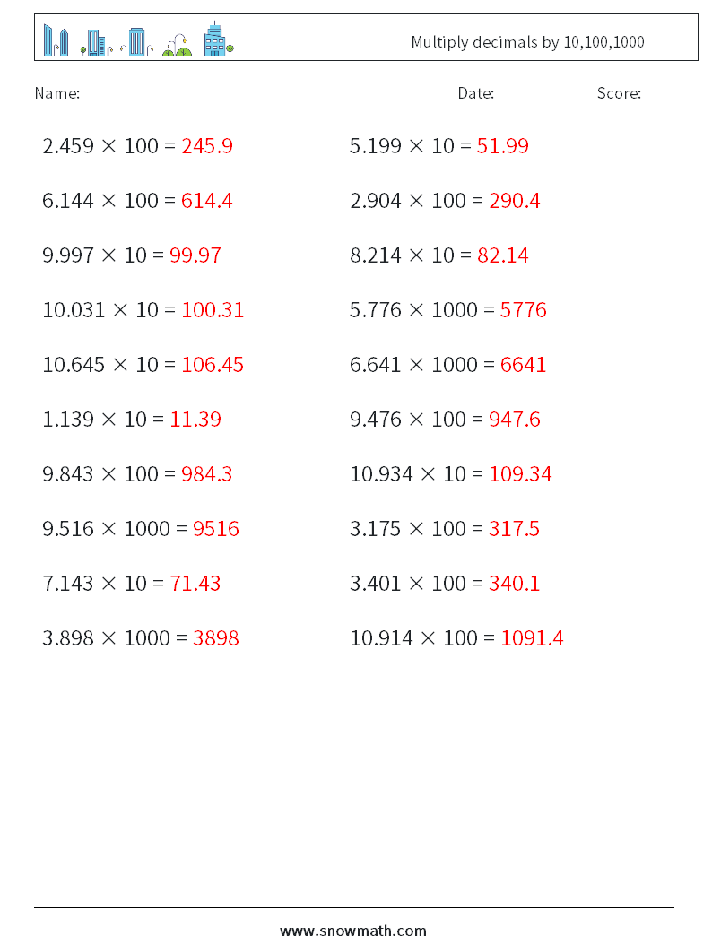 Multiply decimals by 10,100,1000 Math Worksheets 17 Question, Answer