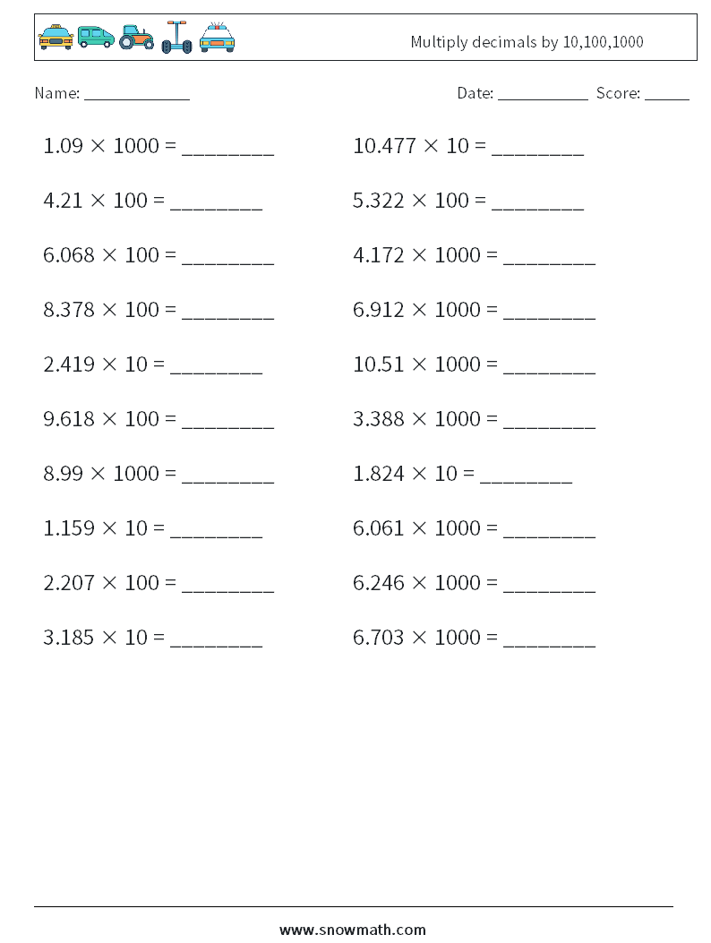 Multiply decimals by 10,100,1000 Math Worksheets 18