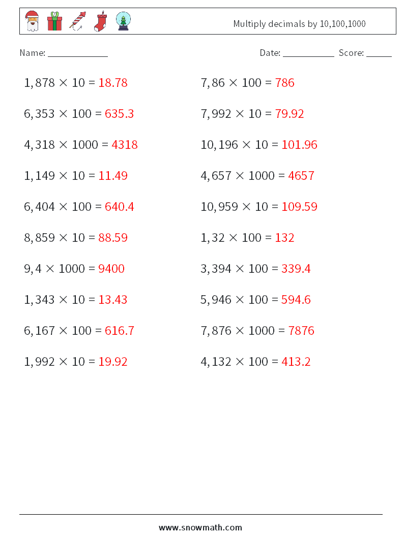 Multiply decimals by 10,100,1000 Math Worksheets 1 Question, Answer