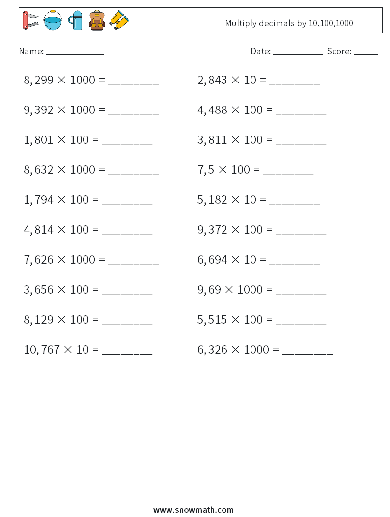 Multiply decimals by 10,100,1000 Math Worksheets 2