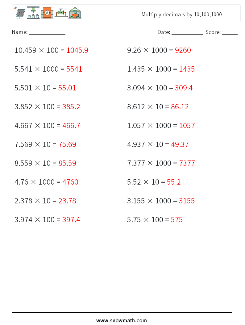 Multiply decimals by 10,100,1000 Math Worksheets 3 Question, Answer