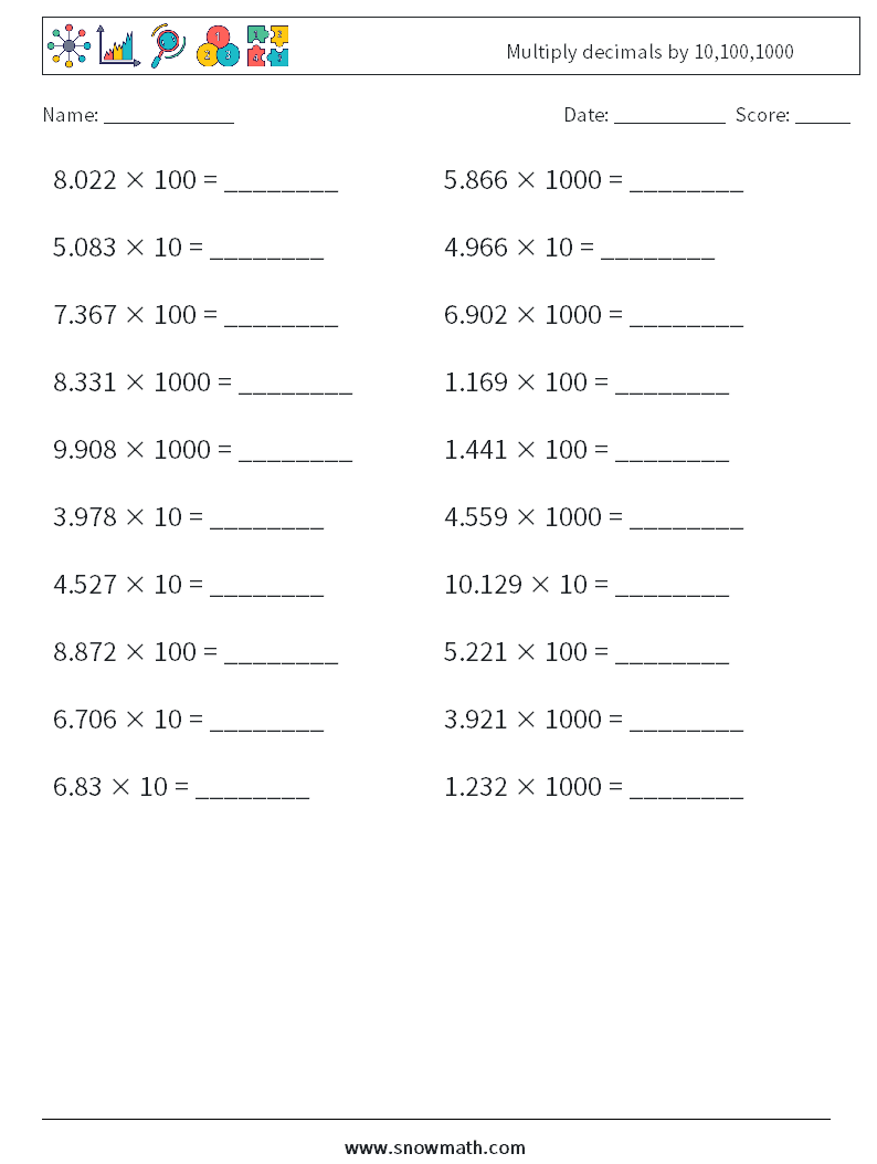 Multiply decimals by 10,100,1000 Maths Worksheets 4