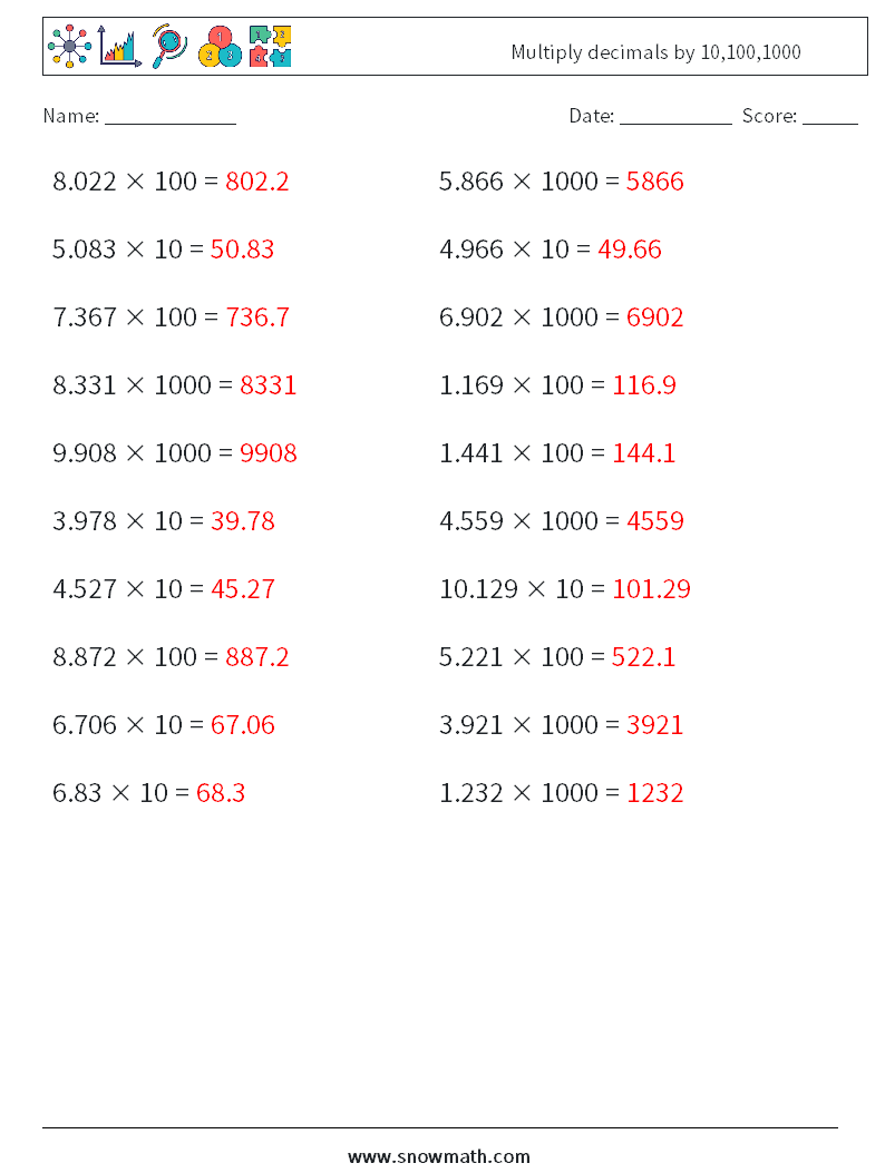 Multiply decimals by 10,100,1000 Math Worksheets 4 Question, Answer